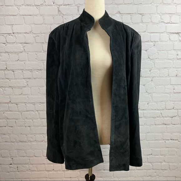 Vintage 90s Artpel Genuine Suede Leather Open Front Black Blazer Jacket Large - Picture 3 of 11